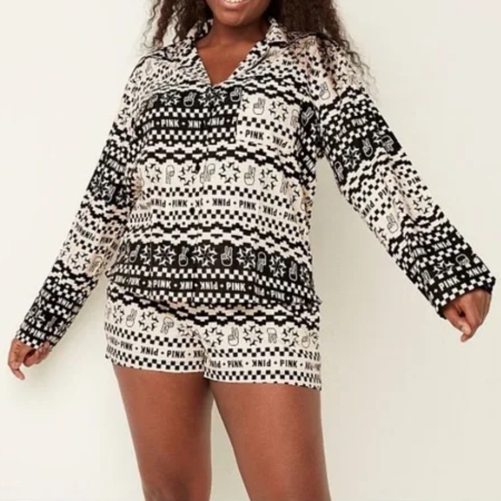 PINK Victoria's Secret Black and White peace dog button down shorts Pajama Set